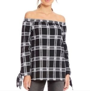 Gibson Latimer Black and White Plaid Flannel Off The Shoulder Top Size Large